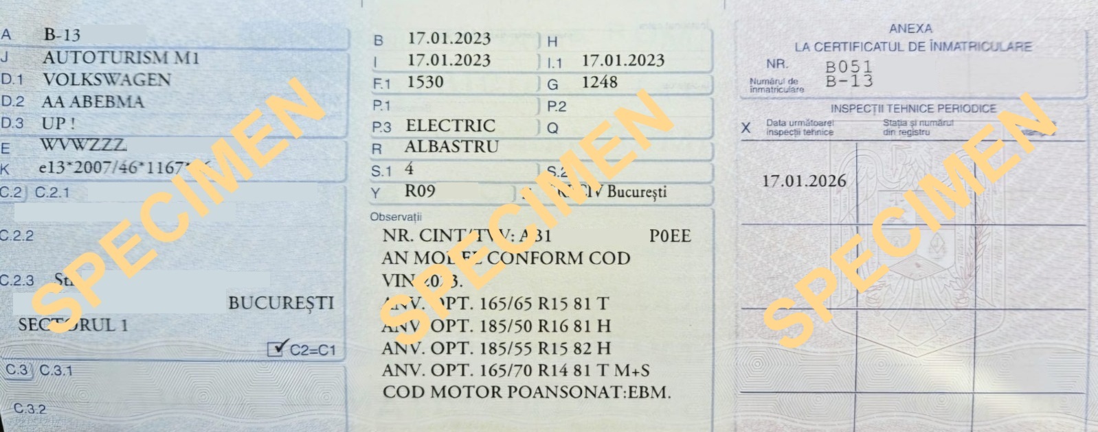 Exemplu certificat de înmatriculare – interior și ITP